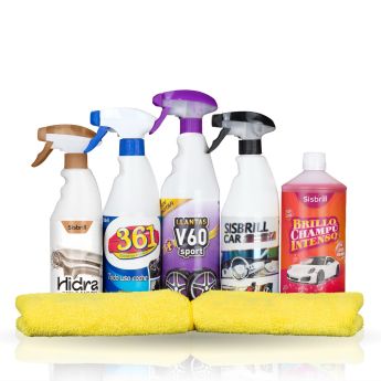Frontal de Sisbrill Kit Básico de Limpieza y Detallado compuesto por Hidra Acondicionador de Mate y Natural de 500 ml, 361 Limpiador Todo Uso Coche, V60 Sport Limpia Llantas Sin Frotar Edición Gecko, Sisbrill Car Acondicionador de plásticos, piel y gomas,