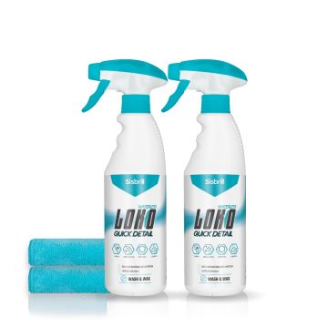 Frontal de pack de 2 botellas de Loko Quick Detail con dos microfibras