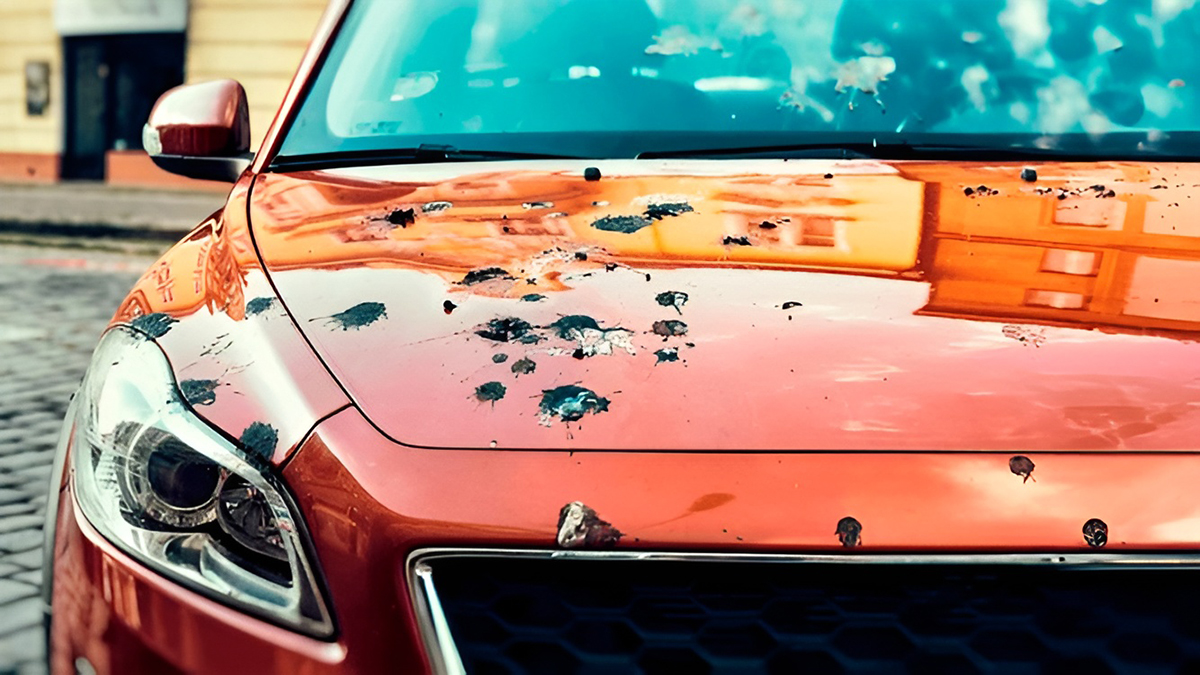 Frontal de um carro vermelho com manchas de excrementos de aves na pintura