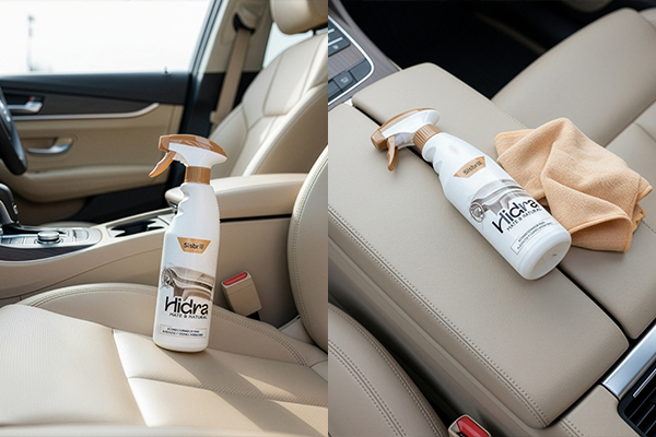 Sisbrill Hidra Acondicionador Mate y Natural de 500 ml en el interior de un coche cerca del volante y sobre los plásticos