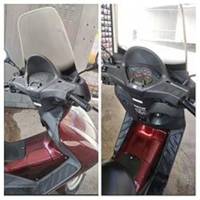 Comparación de una moto roja antes y después de la limpieza de los plásticos y el parabrisas, mostrando una diferencia clara en brillo y limpieza.